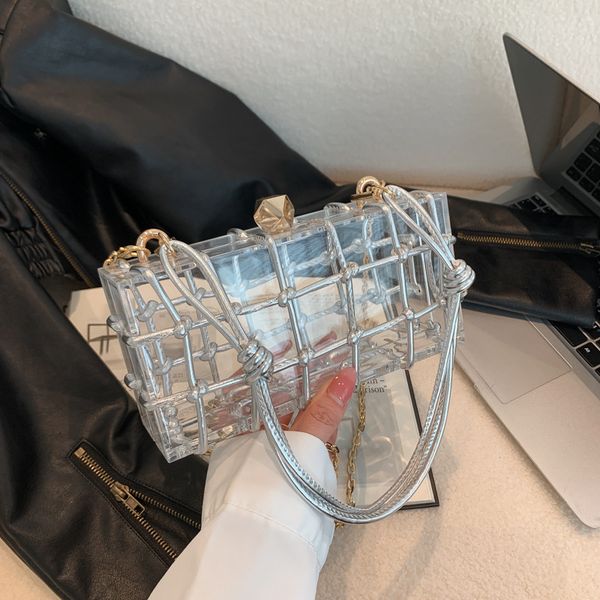 

Outlet factory shoulder bags 5 colors street personality transparent woven handbag sweet little fresh hard box chain bag trend acrylic fashion dinner handbags, Gold
