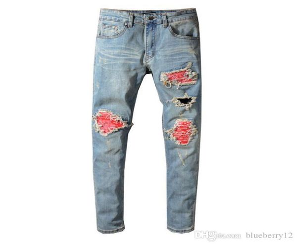 

sokotoo men039s red printed patch biker jeans for moto skinny patchwork holes ripped stretch denim pants3706369, Blue