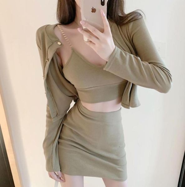 

work dresses spring women039s knitted 3 piece set long sleeve women cardigan sweater tank crop bodycon mini skirt suits s3744951, White;black