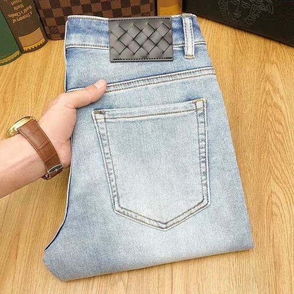 

designer fashion men's woven print premium luxury washed letter row patch motorcycle vintage stretch pants, Blue
