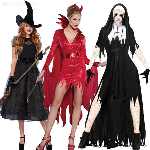 

theme costume halloween scary sister nun devil witch cosplay come for women masquerade party role-playing gothic horror fancy outfit l230804, Black;red