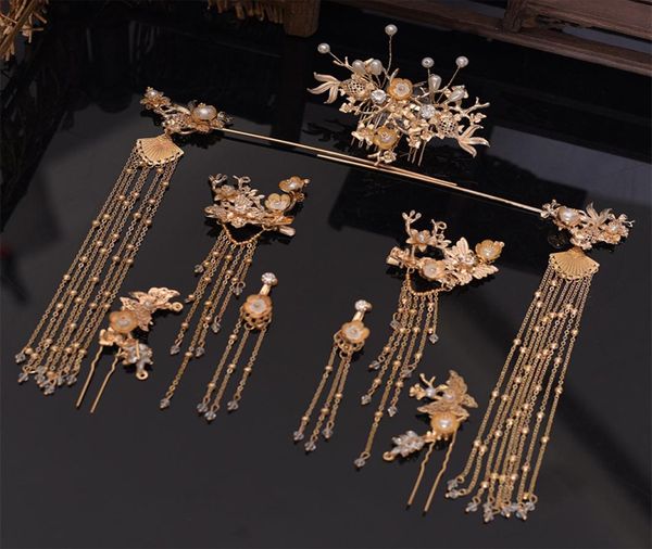 

hanfu tiara bride costume hair accessories chinese phoenix crown classical wedding dress accessories6258035, Golden;white