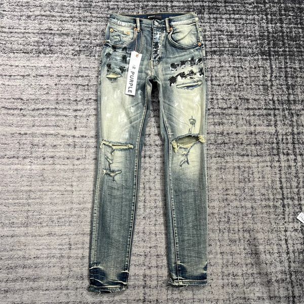 

mens designers hip hop spliced flared jeans distressed ripped slim fit motorcycle biker denim trousers mans streetwear washed purple pants, Blue