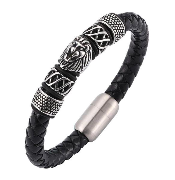 

punk men jewelry black braided leather bracelet lion bracelet steel magnetic clasp male bijoux homme c007290519217574309, Golden;silver