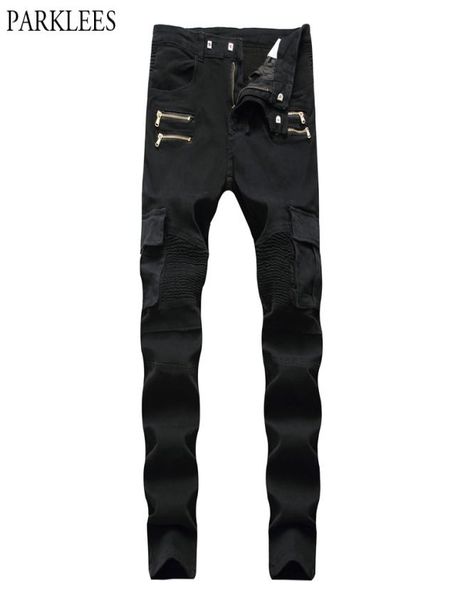 

black biker cargo jeans pants men 2018 brand new folds pocket pencil jeans homme zipper casual runway distressed motorcycle jean6396975, Blue