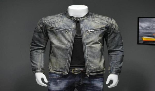 

men039s blue denim vintage classic biker motorcycle jacket stand collar retro slim fit distressed racer jeans coat drop shippin1136361041, Black;brown