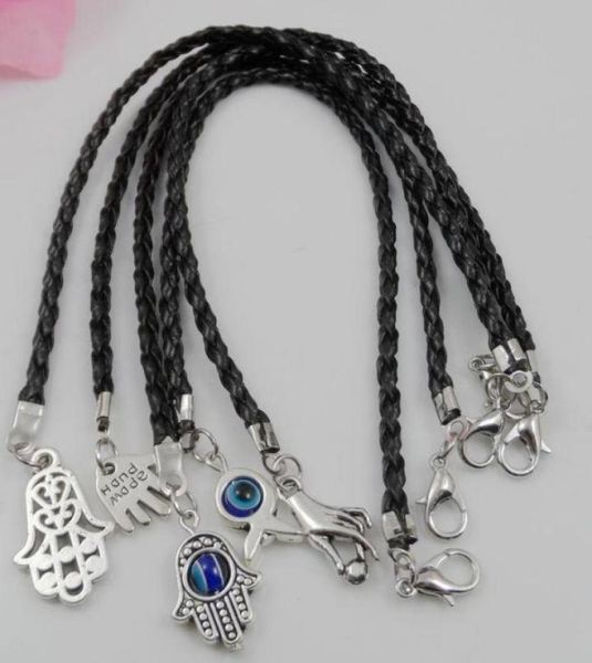 

whole 100pcs mixed kabbalah hamsa hand evil eye charms black leatheroid braided string cord lucky bracelets91028715482938, Golden;silver