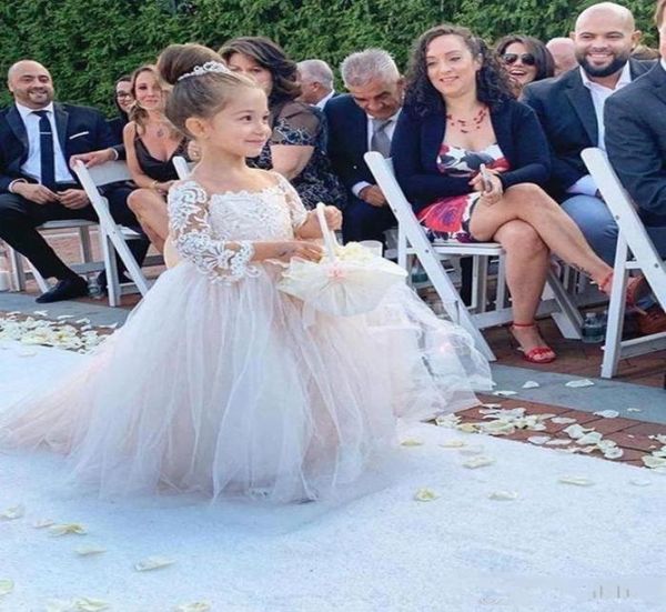 

2020 blush flower girl dresses for weddings ball gown long sleeves tulle lace bow long first communion dresses little girl5223204, White;blue