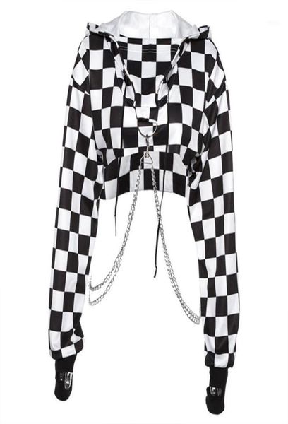 

women plaid casual streetwear sweatshirt hoodie crop jumper pullover chain stitching short loose sweatshirt plaid shirt18462853, Black