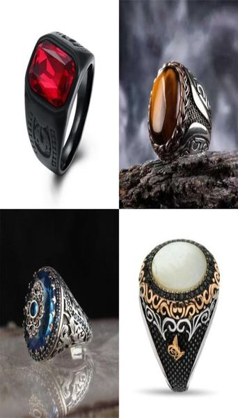 

vintage handmade turkish solitaire ring for men women ancient silver color crystal stone punk rings religious jewelry 332 d33575907, Golden;silver