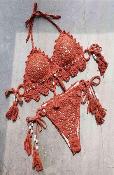 

crochet bikinis 2 piece set women bathing suits swimwear swimsuit beach boho summer knitted orange 2105103480638, White;black