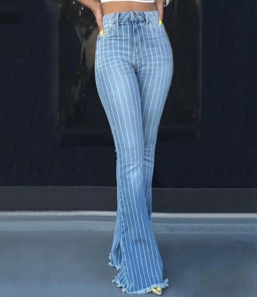 

fashion casual ladies skinny stretch denim pants womens high waist jeans striped jeans wide leg bellbottomed trousers5454915, Blue