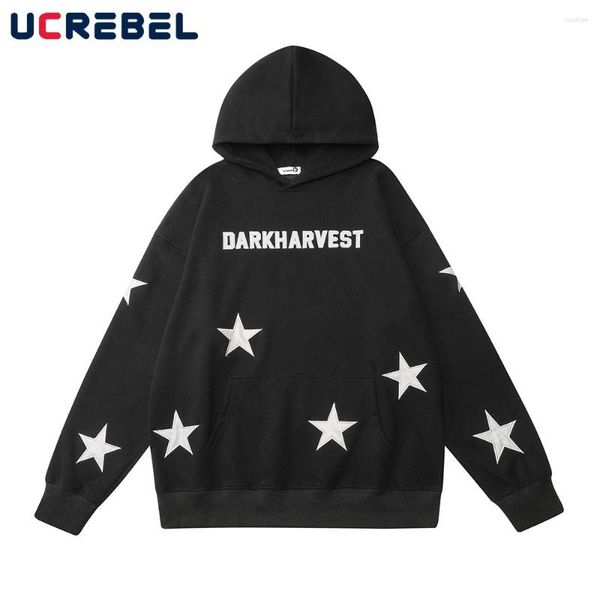 

men's hoodies star patch embroidery sweatshirts mens autumn winter fleece pocket streetwear loose casual long sleeve hooded, Black