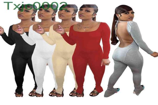 

women jumpsuits designer slim open back neck pants solid color long sleeve high elastic fabric sports pants yoga pants 5 colo2583427, Black;white