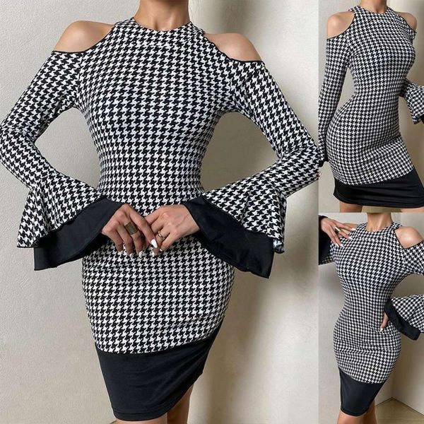 

development of spring and autumn style leak shoulder houndstooth dress for women, Black;gray