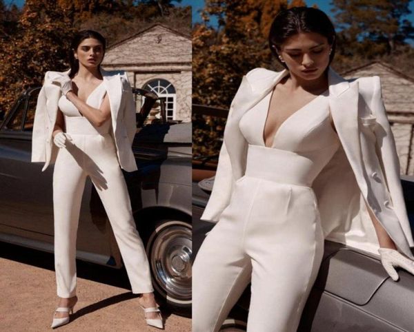 

2020 ivory wedding jumpsuit with jacket deep v neck satin wedding dress custom made fashion bridal gowns1524325, White