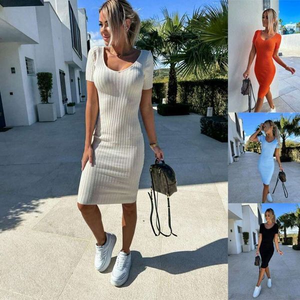 

summer solid color and v neck slim fit casual mid length dress, Black;gray