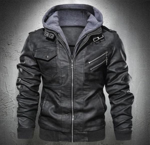 

men039s fur faux men autumn leather jacket hooded motorcycle pu fashion punk style male casual fall coat57143221737017, Black