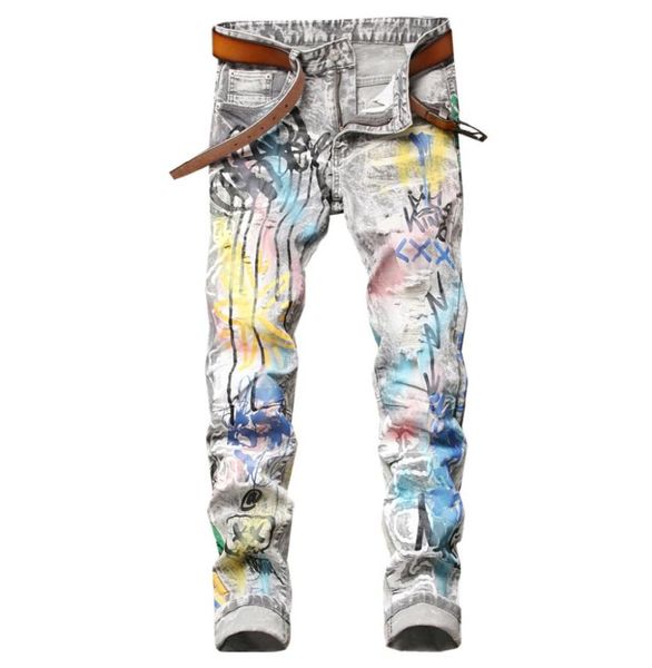 

small straight barrel splash ink colorful printing men039s jeans slim micro stretch trendy denim for male pants pantalons pour 7407183, Blue