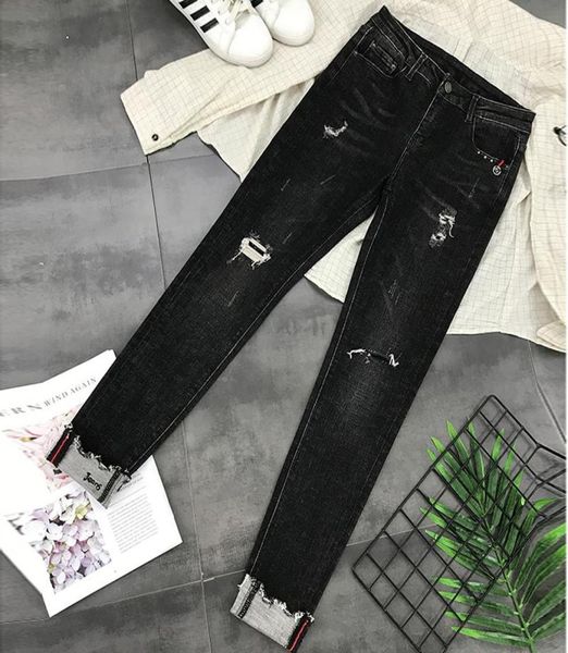 

women039s jeans autumn cuffs ripped high waist embroidery rivet skinny harem pants plus size ladies ankle length cowboy with ho4458369, Blue