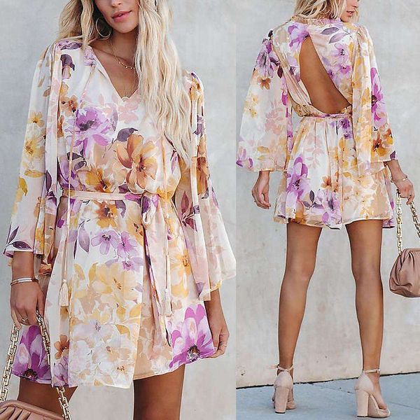 

item title spring and summer womens wear fashionable floral v neck long sleeve backless lace casual dress, Black;gray