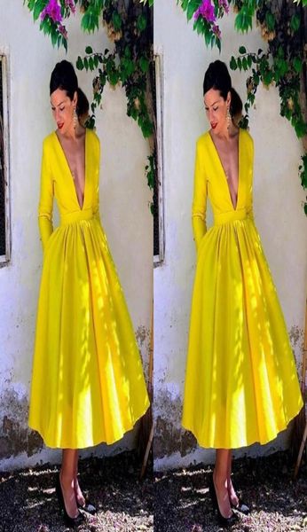 

stunning yellow tea length deep v neck prom party homecoming dresses with pockets satin ruched a line cocktail formal evening dres7017634, Black