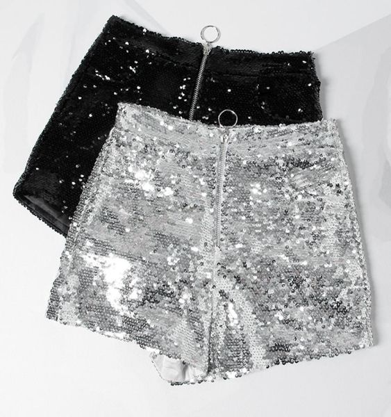 

bling women sequin shorts high waist oring zip bodycon shorts feminino skinny party club festival raves pole dance shorts 217214463, White;black