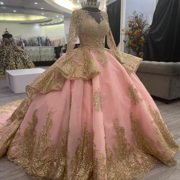 

pink o-neck ball gown beaded quinceanera dresses with long sleeve gold applique corset dress princess sweet 16 15 vestidos de fiesta, Blue;red