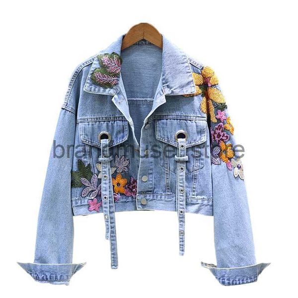 

women's jackets autumn denim jacket women flowers embroidery sequins jeans coat loose long sleeve casual student short clothes streetwe, Black;brown