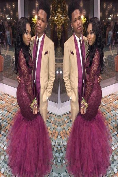 

burgundy mermaid black girls evening dresses long sleeves illuiosn formal prom gowns red carpet celebrity runaway dress custom mad2889337