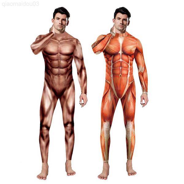 

theme costume men cosplay carnival bodysuits 3d muscle printing long sleeve women clothing skinny elastic halloween jumpsuit outfit l230804, Black;red