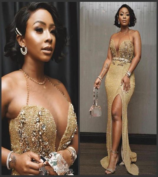 

2021 aso ebi arabic gold mermaid evening dress beaded crystals prom dresses high split formal women party reception gowns sexy7728298, Black;red
