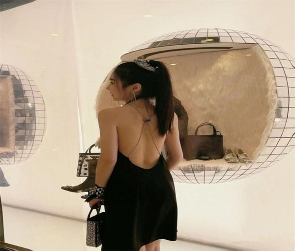 

backless slip dresses triangle label bead chain sling black dress slimming offtheshoulder dress skirt3260117, White;black