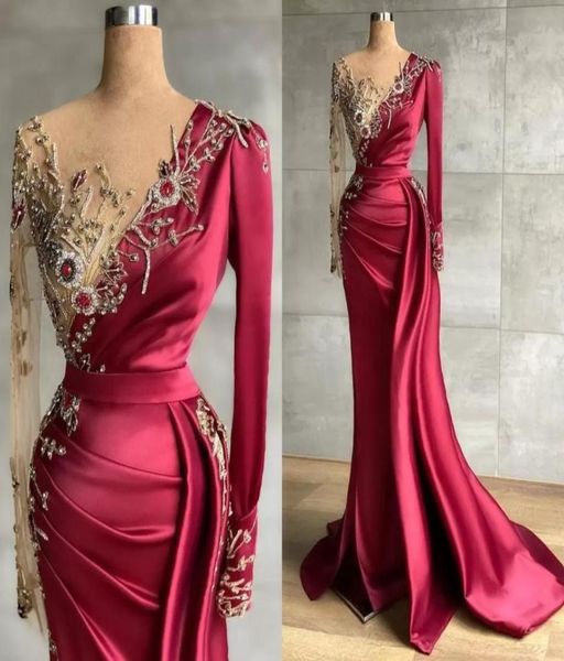

dhl fantastic gold embroidery beads appliqued evening dresses vintage dark red sheer long sleeve pleats prom party gowns vestidos 8434380, Black;red
