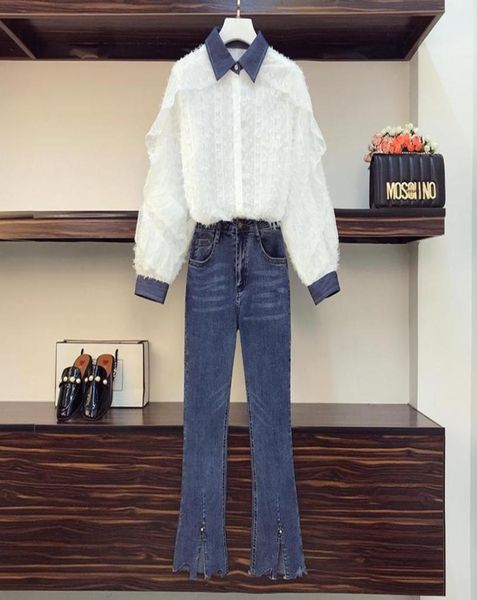 

women039s two piece pants ladies elegant jean set 2021 fashion lapel lace denim stitching ruffled shirt lue pant suit plus9834008, White