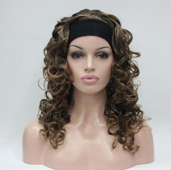 

new fashion super yellow blonde mix auburn 34 wig with headband curly long half wig4395348, Black