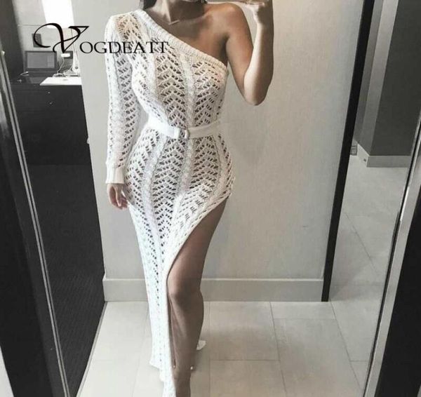 

long one shoulder knitted maxi sweater dress side split women club wear hollow out bandage dresses female elegant vestdios9005833, White;black