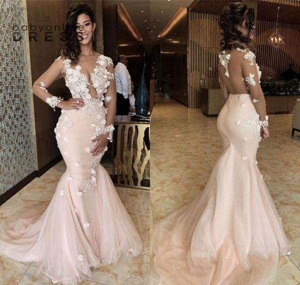 

stunning 3d flowers pink mermaid prom dresses african girls sheer long sleeve illusion backless floor length evening party gowns p4377059, Black