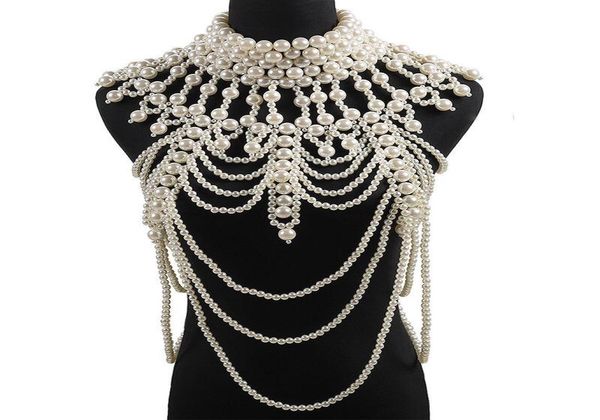 

retro advanced pearls crystal body jewelry chain sexyhandmade beaded women bridal wedding dress large necklace jewelry accessor3432307, Silver