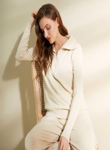 

zipper pollo collar two pce knitted sweater set loose pants women fashion fall winter female cashmere outfit 2110272238880, White