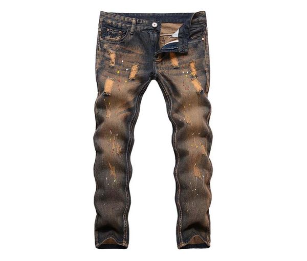 

2019 men casual denim pants straight knee hole hiphop jeans pants washed 1691116, Blue