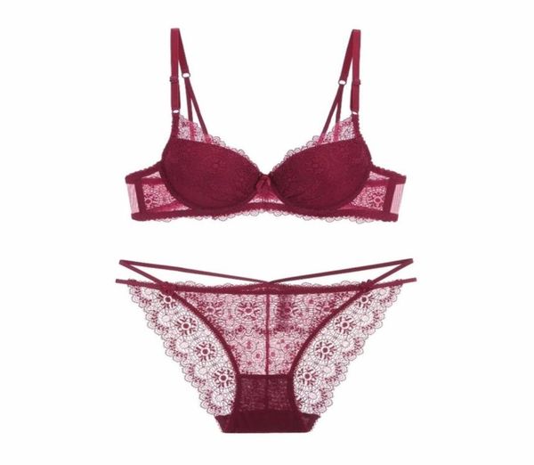 

new lace hollow deep v thin thin bra set beauty back bra underwear push up lingerle set y2007087561782, Red;black