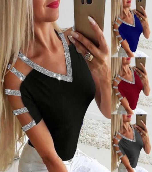 

women039s tshirt see through sequins sparkly tee vneck cold shoulder long sleeve party pullover slim low cut black 8210846, White