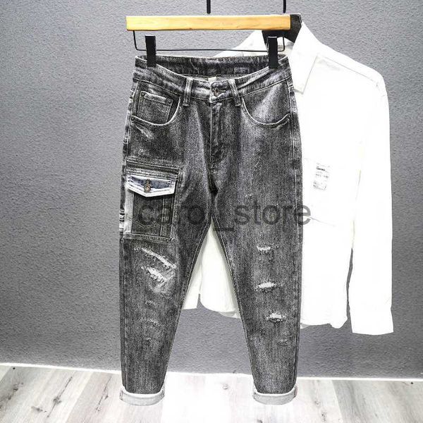 

men's jeans new slim jeans men's ripped hole patch pocket personality youth pants fashion streetwear hip hop rock denim trousers j, Blue