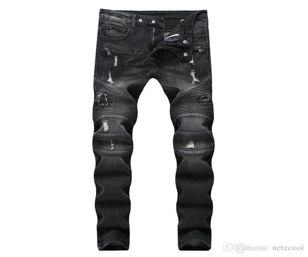 

new men distressed ripped jeans designer straight motorcycle biker jeans causal denim pants streetwear style mens jeans cool men h6043277, Blue