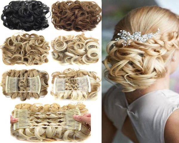 

1pcs synthetic hair big bun chignon two plastic comb clip in chignon hairpiece extension chignon curly hair4643609, Black;brown