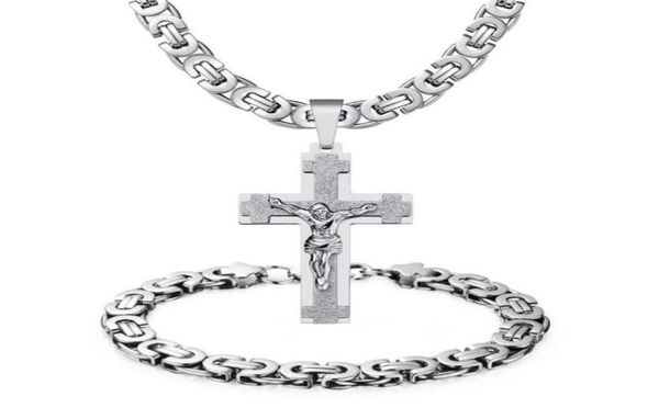 

6mm necklace 22039039 24039039 chain silver gold jesus cross pendant bracelet set mens stainless steel jewelry26827813117