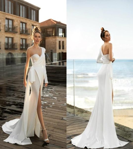 

plus size wedding dresses bridal gowns one shoulder sequined lining illusion wedding gowns long sleeve side split vestido de noiva7017887, White