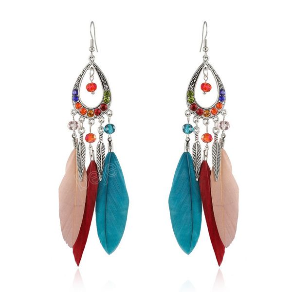 

vintage rhinestone feather tassel earrings ethnic long beads alloy leaf earrings bijoux femme wedding boheme, Silver