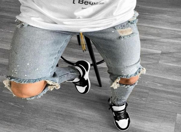 

ripped hip hop men jeans distressed jeans pencil pants slim fit denim trousers casual pantalon hombre skinny streetwear4940852, Blue
